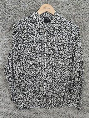 Talbots Top Womens 10 Black Button Up Animal Print Wrinkle Resistant Ladies